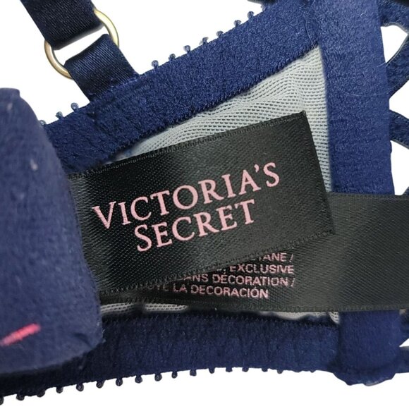 Victoria's Secret Push Up Bra Blue Navy 34C Padded Underwire Strappy Very Sexy - Picture 10 of 12
